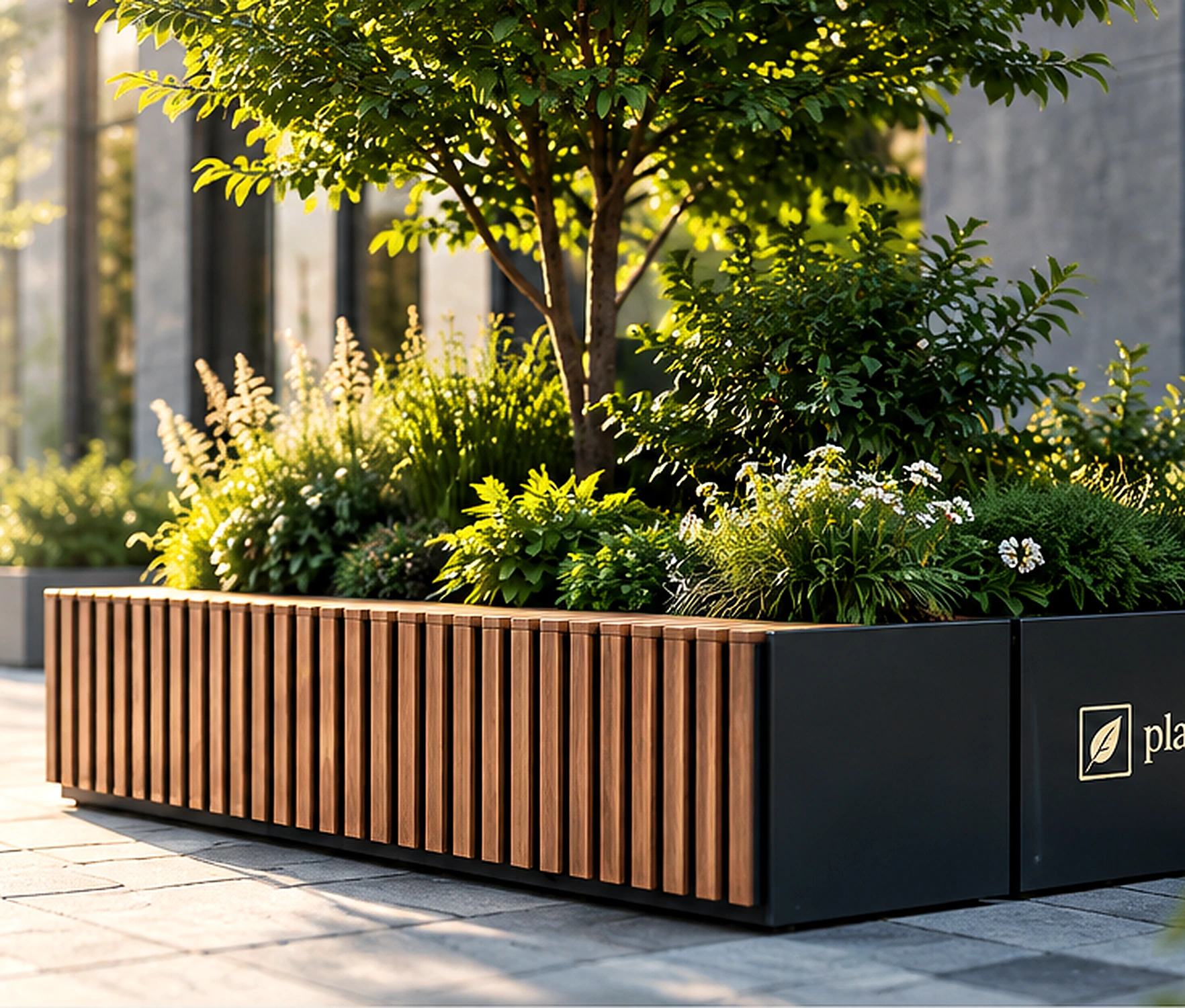 Planter modular cu vegetație și șezut integrat